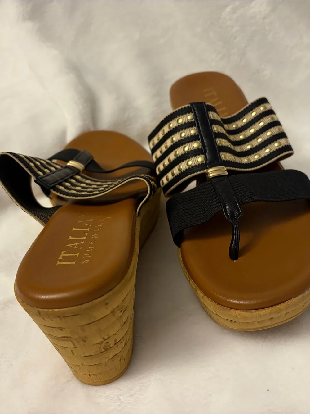 ITALIAN SHOEMAKER Black and Tan Wedge Sandals